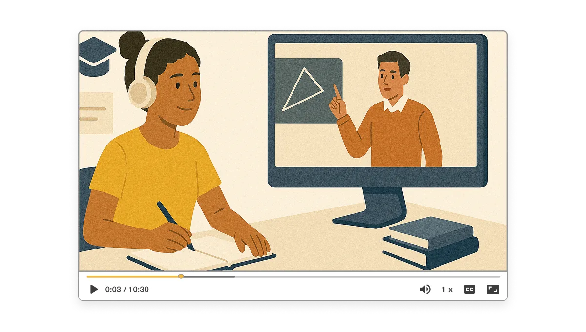 Education Video Creator illustration showing a student taking notes while watching an instructor in a video lesson.